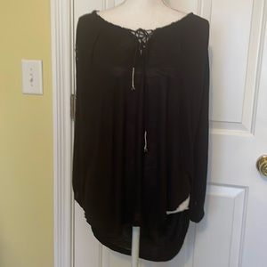 Free People Black Boho Top w/ Large Puffed Embellished Sleeves & Lace Front